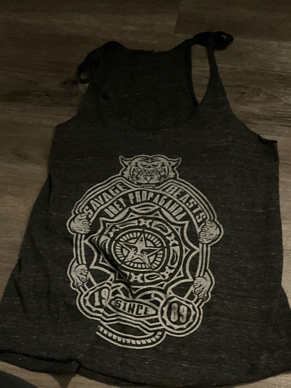 Charcoal Graphic Racerback Tank Top with Crest Print
